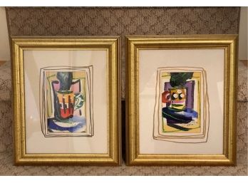A Pair Of Original Paintings, Abstract Mugs, Artist Signed