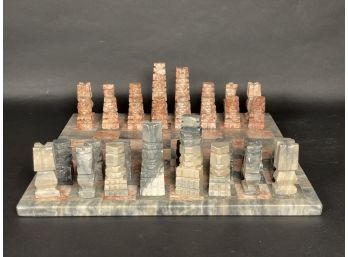 A Stunning Carved Chess & Checkers Set, Marble Board