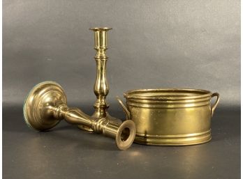 Vintage Brass Candlesticks & Cachepot