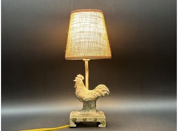 A Fantastic Little Farmhouse Lamp With Rooster Body & Burlap Shade