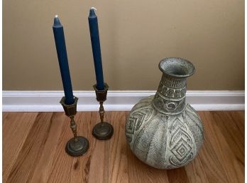 Pair Brass Candlesticks And Green Vase