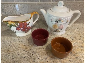 Teapot, Gravy Boat, And Ramekins