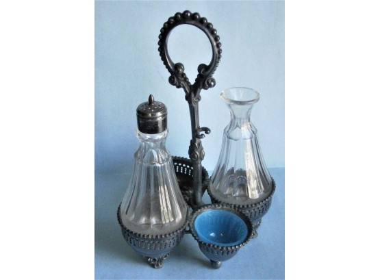 Antique Silverplate Condiment Set With Glass Bottle