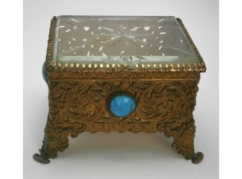 Antique Jewel Casket With Clear Glass Top And Jeweled Sides