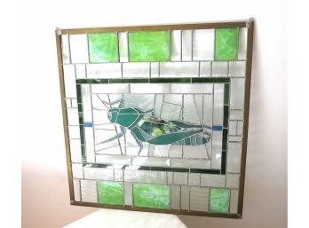 Signed Stain Glass Window Grasshopper Motif