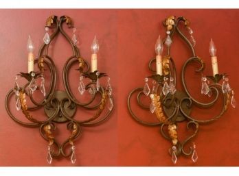 Pair Of Scrolled Wall Sconces With Dangling Crystals