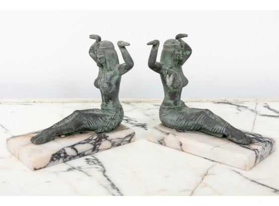 Pair Of Art Deco Marble And Brass Egyptian Figural Bookends