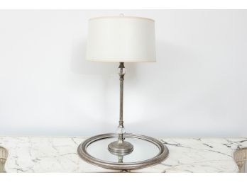 Brushed Silver Table Lamp And Round Mirror