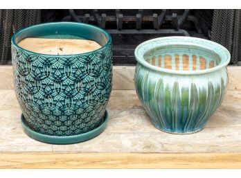 Two Decorative Pottery Planters, Green/Blue