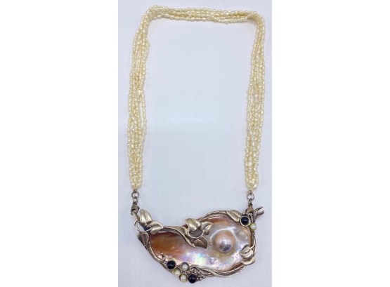 Vintage Large Mother Of Pearl, Fresh Water Pearl & 925 Sterling Silver Necklace With Brooch Pin
