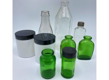 9 Vintage Apothecary Jars Including Pyrex Glass Bottle & Milk Glass Covered Canisters
