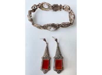 Vintage Sterling Silver Marcasite Bracelet & Dangling Earrings, Marked 925  & 828 Jewelry