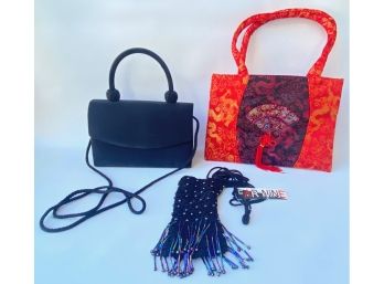 3 Handbags: Asian Silk, Pillbox & New With Tags Beaded By Far Nine