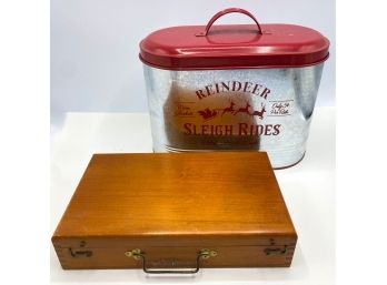 Wooden Box With Carry Handle & Tin Container With Lid With Holiday Theme