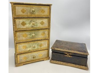 Antique Sewing Box With Sewing Tools & Italian Trinket Box With Drawers