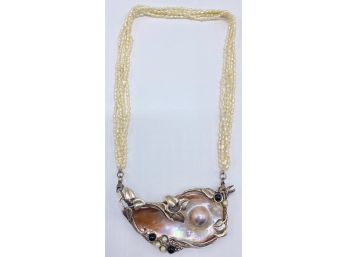 Vintage Large Mother Of Pearl, Fresh Water Pearl & 925 Sterling Silver Necklace With Brooch Pin