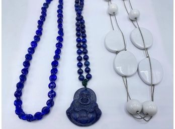 3 Necklaces: Blue Lapis With 18 Karat Gold Clasp, Stone Buddha & Double Long White Beads