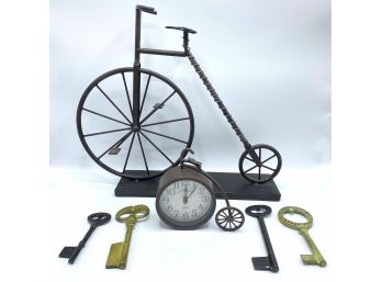 Metal Bicycle Sculpture, Small Clock By Chaney & 4 Giant Decorative Keys
