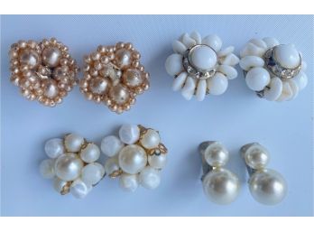 4 Pairs Vintage Clip-On Earrings, Some Faux Pearl