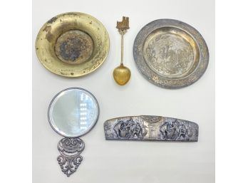 Vintage Silver Plate Vanity Set With Comb & Mirror, 2 Small Plates & Westminster Abbey Souvenir Spoon