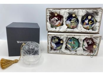 New In Box Christmas Ornaments: Waterford & Set  Of 6 Hand Painted Balls