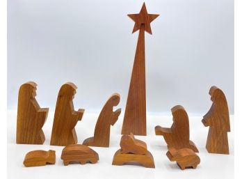 Vintage Walnut Nativity Set With Original Box (12 Pieces)