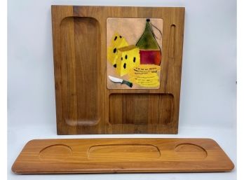 Vintage Teak Serving Board, Denmark & Vintage Teak Cheese Board With Enameled Panel