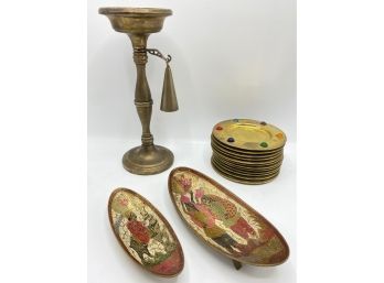 Vintage Godinger Candle Holder With Snuffer, 2 Candy Dishes From India & 12 Small Plates With Glass Jewels