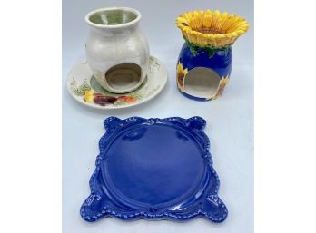 Yankee Candle Candle Holders, 1 With Matching Plate & California Painting Candle Plate