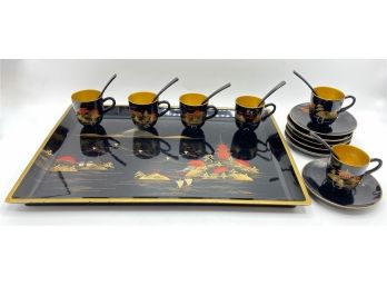 Vintage Black Lacquer Tea Set With Tray, Service For Six