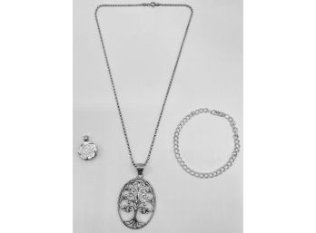 925 Sterling Silver Jewelry: Tree Pendant Necklace, Chain Bracelet & Rose Pendant