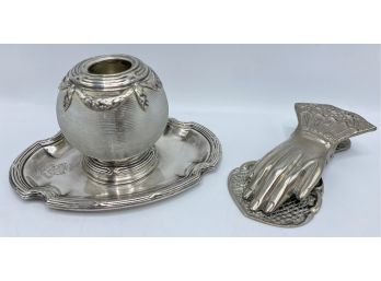 Vintage Silver Plate Ritz Hotel Inkwell By Goldsmith & Silversmith Co.  & Letter Holder Clip Shaped Like Hands