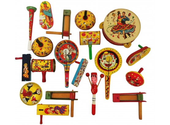 19 Pc Collection Vintage Tin Litho & Wooden New Years Noise Makers