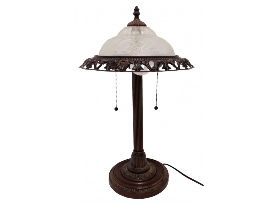 Beautiful Ornate Bronze Tone With Embossed Glass Shade 22' Table Lamp