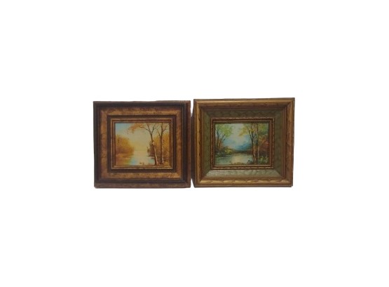 Nice Pair Of Vintage Miniature Autumn Landscapes Oil On Panel Paintings
