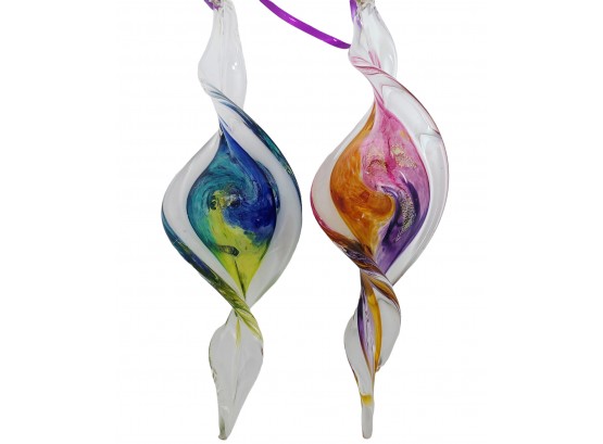 Pair Of New Luke Adams  Glass Blowing Studio Signed Large 10'  Blown Glass Hanging  Spiral  Ornaments
