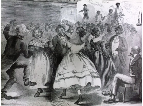 Original Antique 19thc Black Americana Civil War Engraving Contraband Slave New Years Eve Ball