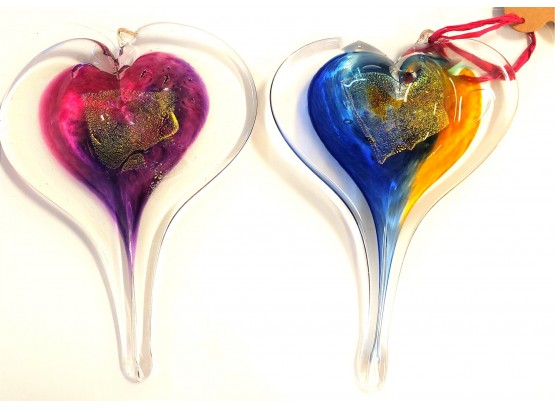 Pair Of New Luke Adams Glass Blowing Studio Signed Large Blown Glass Hanging HeartS