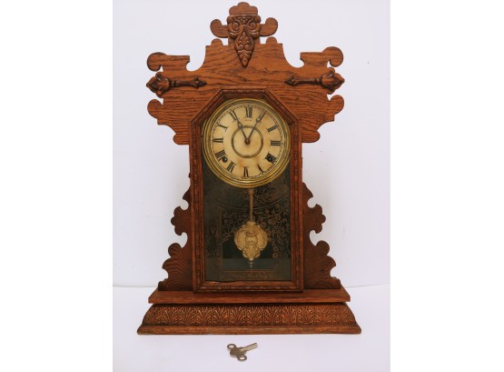 Antique Victorian Ansonia Carved Walnut  Shelf Parlor Clock With Key