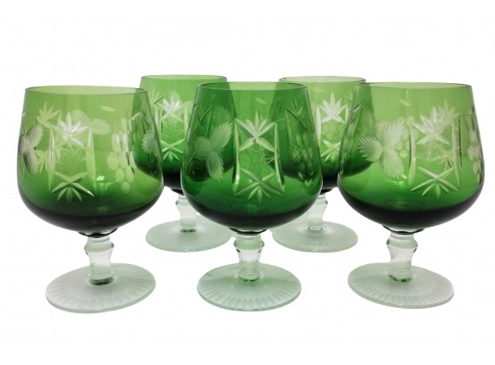 Group Of 5 Hortensia Poland Emerald Green Cut To Clear Crystal Wine Glasses