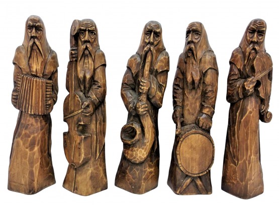 Group Of 5 Vintage Hand Carved 16' Wooden Musicians Ban