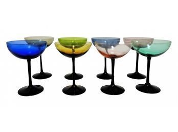 Set Of 8 Mid-century Ethereal Multi-color Champagne Coupes With Black
