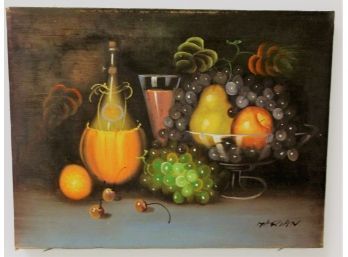 Vintage Mid Century Still Life Fruit & Wine Signed Oil On Canvas Painting