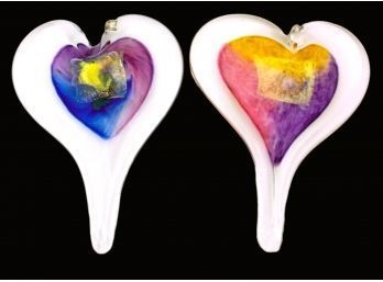 Pair Of New Luke Adams Glass Blowing Studio Signed Large Blown Glass Hanging Hearts