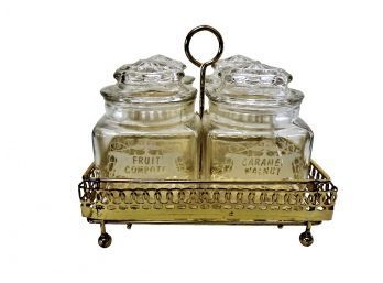Vintage Condiment  Glass Jam Jars With Lids And A Gold Tone Metal Caddy