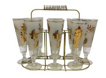 Set Of 8 Vintage Mid Century Libbey Fluted Golden Foliage Pilsner Beer Glasses With Carrier