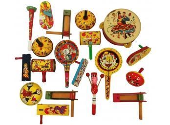 19 Pc Collection Vintage Tin Litho & Wooden New Years Noise Makers
