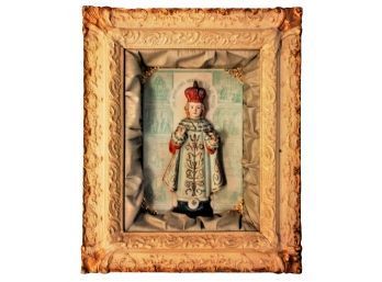 Antique Infant Jesus Of Prague Chalkware Statue In Ornate Shadowbox Frame