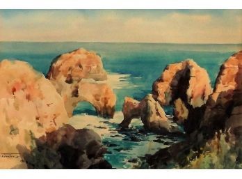 Listed Artist Manuel Tavares (1911-1974) Rocky Coastal Scene Watercolor Painting