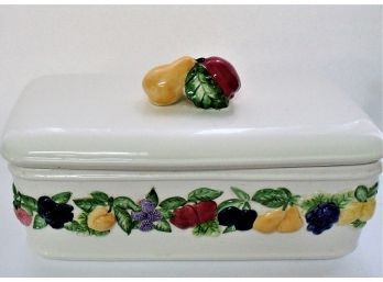 Lillian Vernon Large Ceramic Bread Box Hand Painted Fruit Garland With Lid And Fruit Handle